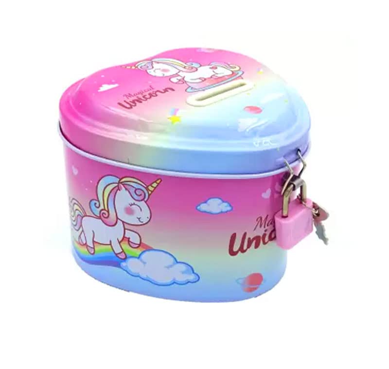 Heart-shaped unicorn money box in pastel colors, ideal for kids age 3+, perfect for saving coins