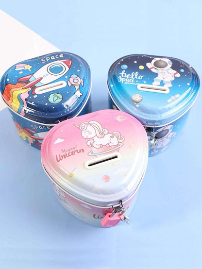 Colorful money box in three designs: unicorn, rocket, and astronaut, ideal for ages 3+, perfect for saving money