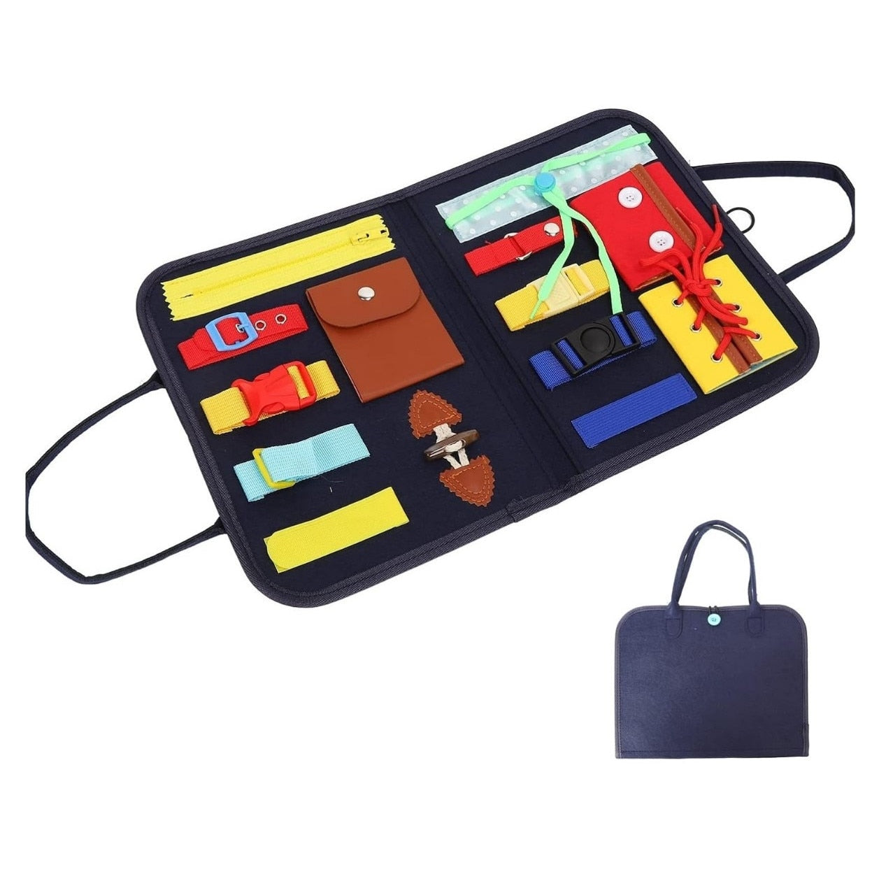 Montessori cloth book for toddlers, featuring colorful interactive elements, age 1+, learning and play