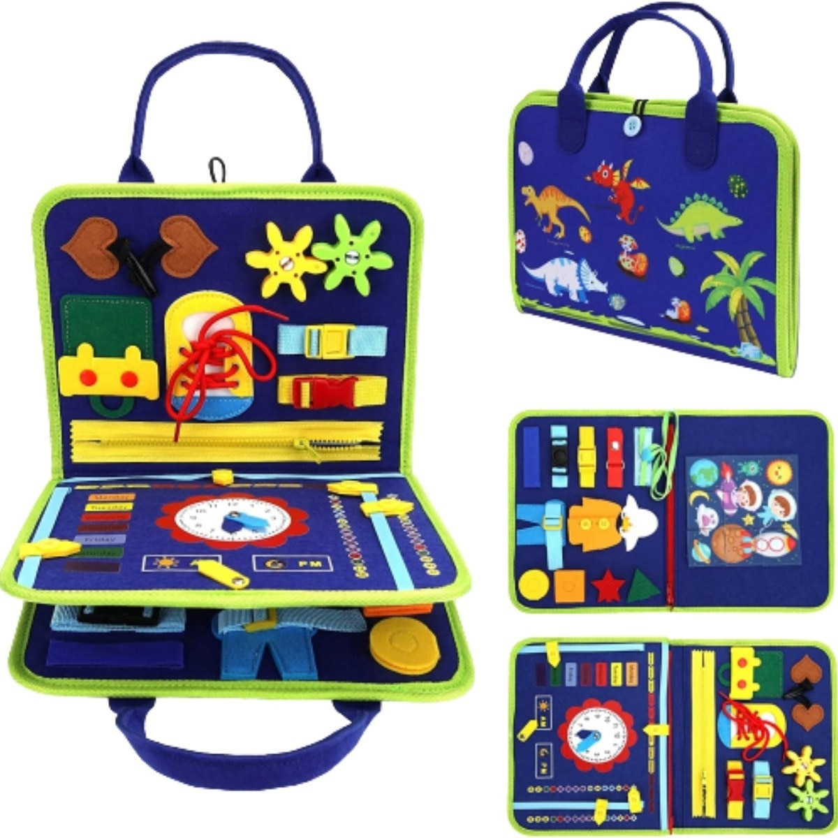 Blue Montessori cloth book with colorful shapes and textures for toddlers, perfect for hands-on learning