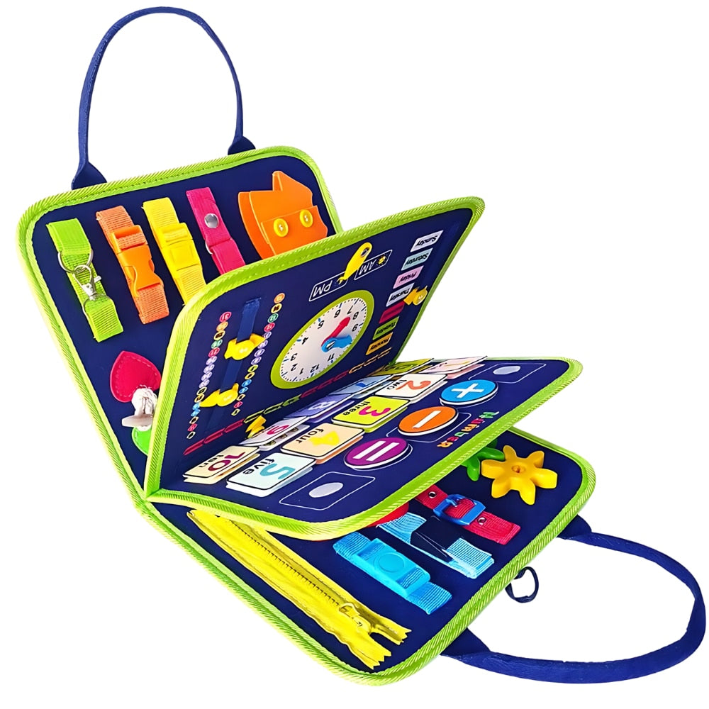 NIYO TOYS Montessori cloth book in blue and green for ages 3+, featuring educational activities for hands-on learning