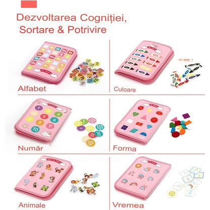 NIYO TOYS pink Montessori cloth book for ages 1+, featuring educational activities and interactive elements