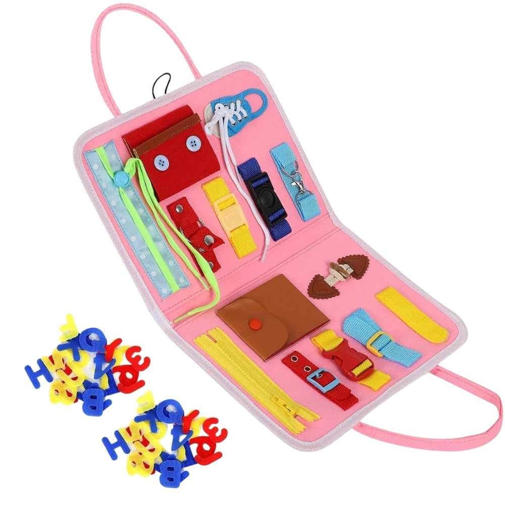 Montessori book from NIYO TOYS in pink, educational cloth book for age 3+, features various zippers and fasteners