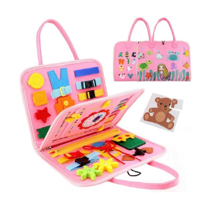 Pink cloth book Montessori for toddlers, featuring shapes and colors for interactive learning, age 3+