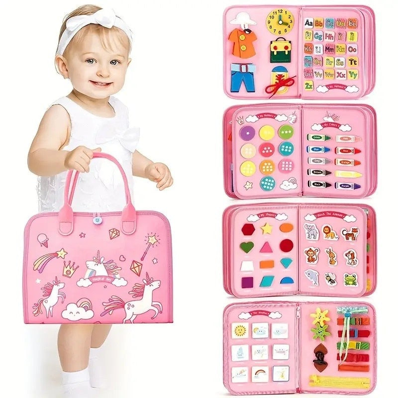 Montessori cloth book by NIYO TOYS in pink for toddlers, teaching colors and shapes, age 1+, educational fun