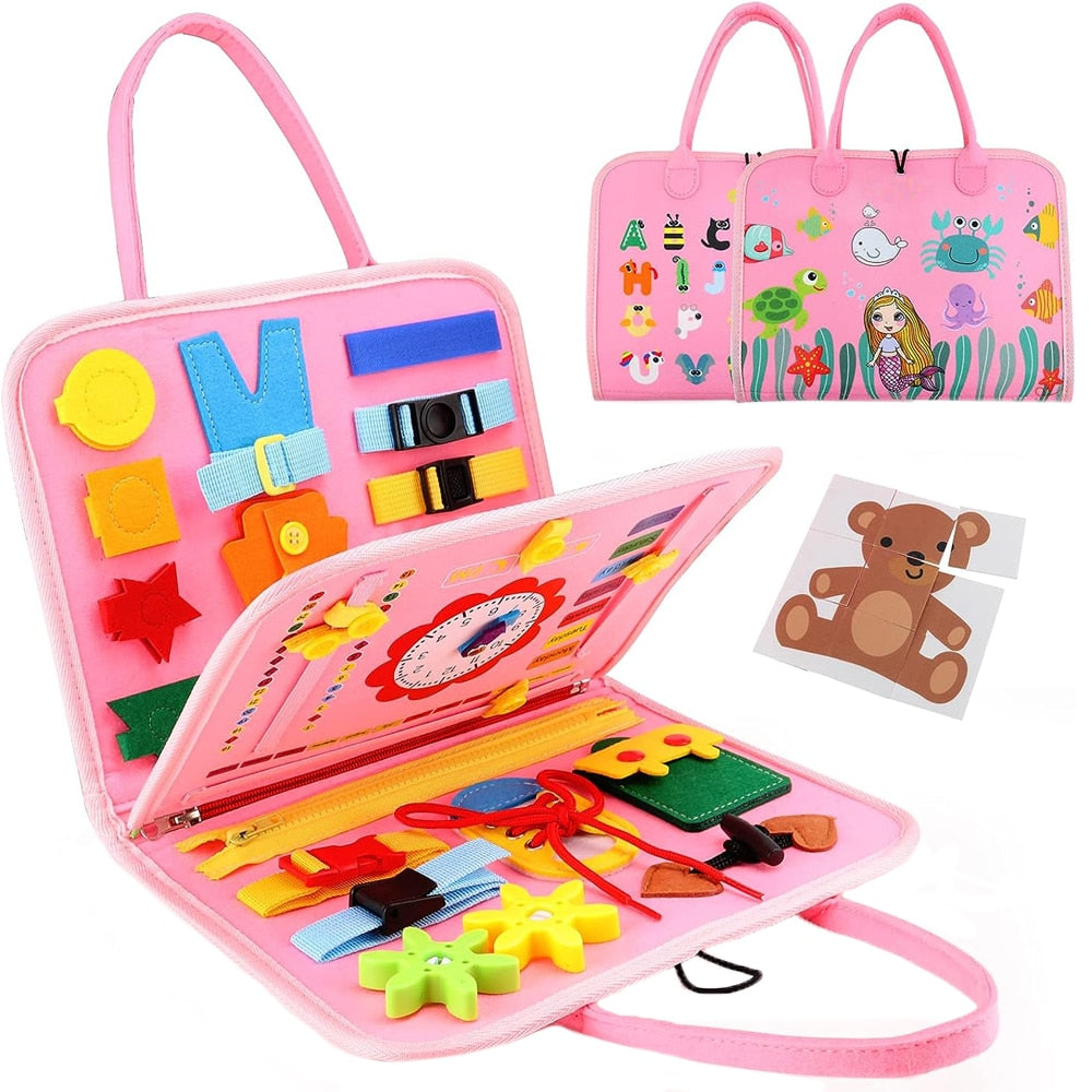 Pink cloth book Montessori for toddlers featuring interactive activities and colorful shapes for hands-on learning