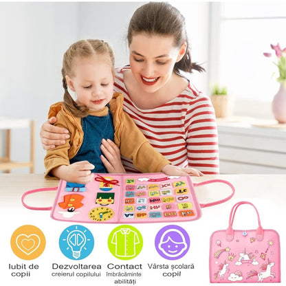 Montessori cloth book for toddlers featuring colorful characters and learning activities for age 1+