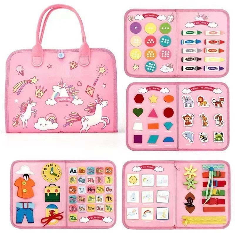 Pink cloth book Montessori for toddlers with interactive activities and playful designs
