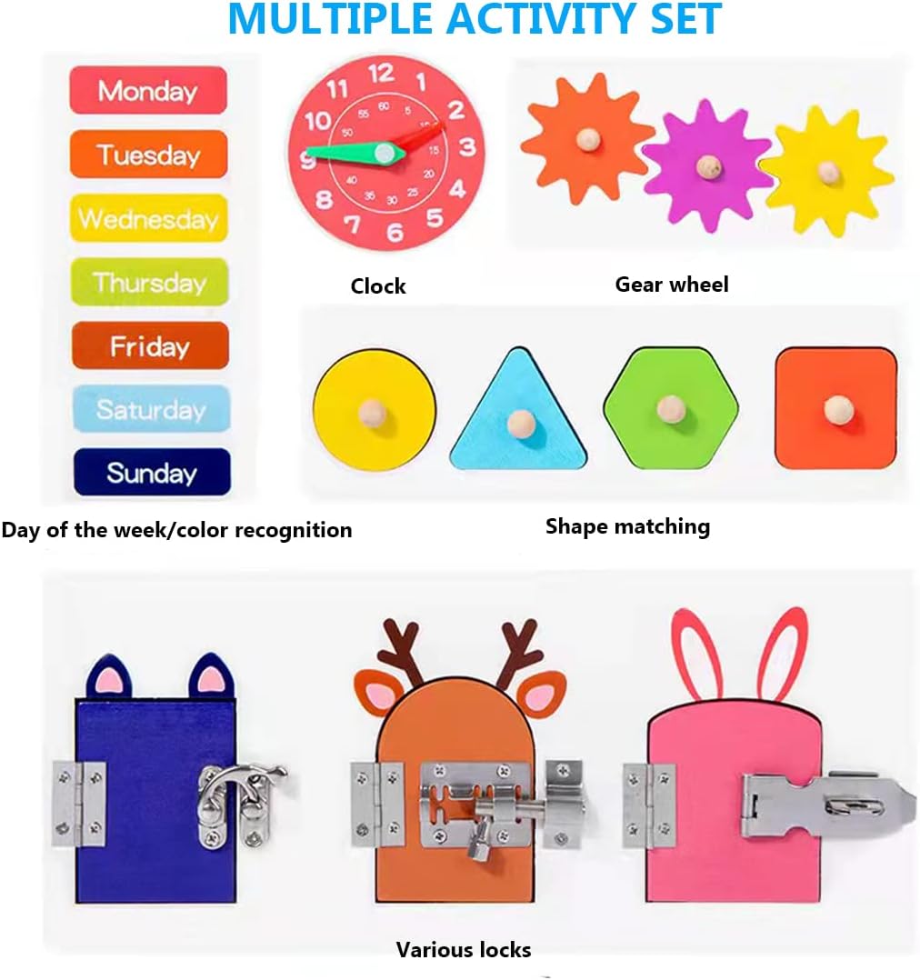 NIYO TOYS Multiple Activity Set featuring Montessori toys for toddlers with shapes, locks, and a clock