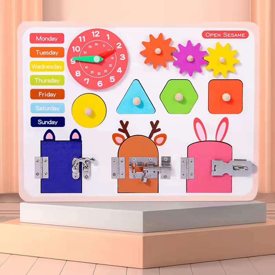 NIYO TOYS Montessori toys for toddlers activity board with shapes, animals, and a clock for early learning