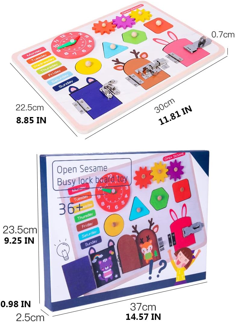 NIYO TOYS Busy Lock Board Game featuring colorful shapes and latches, perfect Montessori toys for toddlers