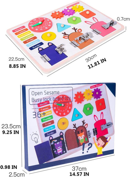 NIYO TOYS Busy Lock Board Game featuring colorful shapes and latches, perfect Montessori toys for toddlers