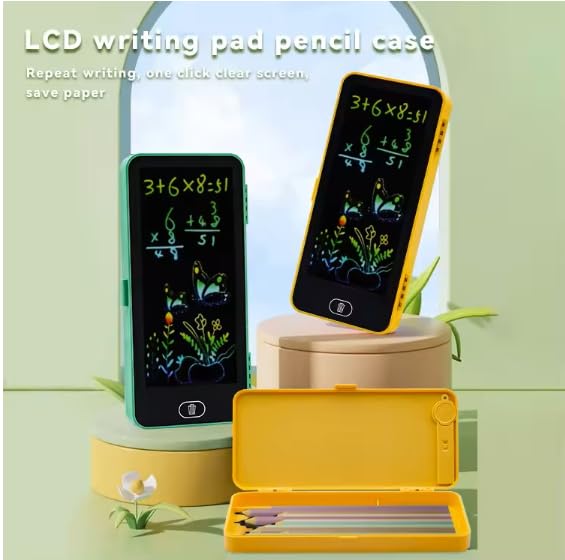 Green and yellow multi-functional LCD drawing tablet for kids, age 3+, perfect for back to school