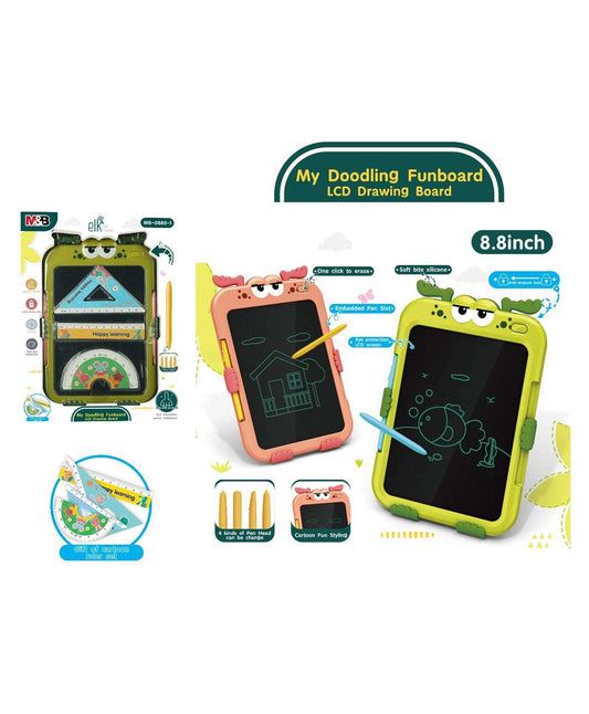 NIYO TOYS 8.8 inch LCD drawing board for kids, featuring colorful drawings and easy-to-use stylus.