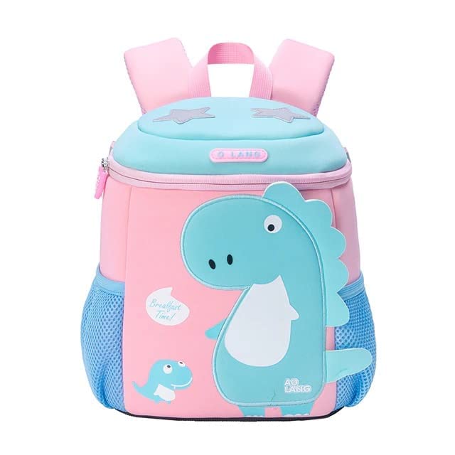 Cute 3D dino backpack for kindergarten with pink and blue design featuring a friendly dinosaur