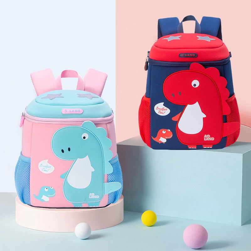 Colorful 3D dino backpack for kindergarten with playful dinosaur designs in pink and blue