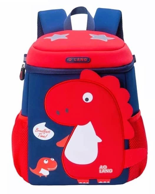 Colorful 3D dino backpack for kindergarten featuring a friendly dinosaur design with red and blue colors