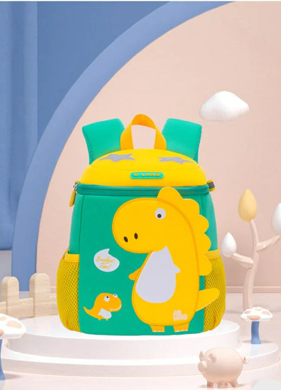Colorful 3D dino backpack for kindergarten with a cheerful dinosaur design and spacious compartments