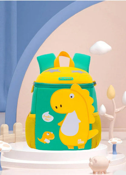 Colorful 3D dino backpack for kindergarten with a cheerful dinosaur design and spacious compartments