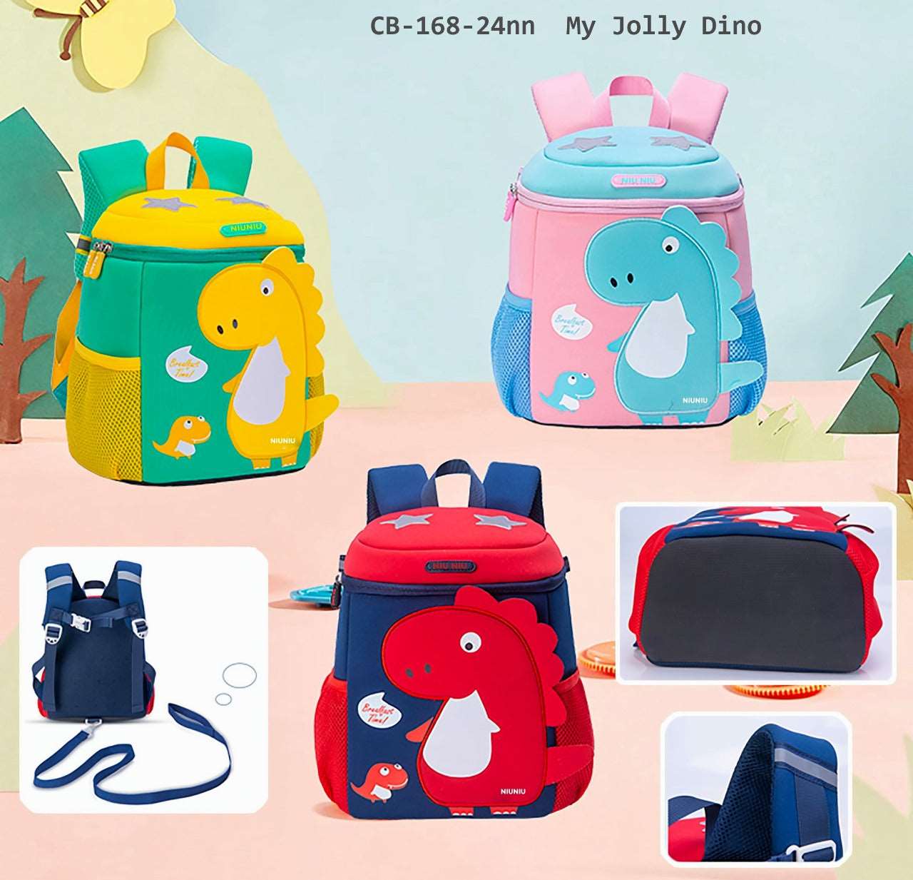 Colorful 3D dino backpack for kindergarten with fun dinosaur designs and adjustable straps
