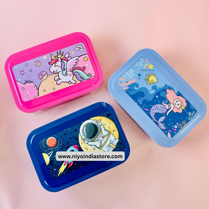 Colorful kids travel snack container lunch box with unicorn, astronaut, and mermaid designs