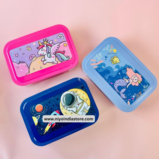 Colorful kids travel snack container lunch box with unicorn, astronaut, and mermaid designs