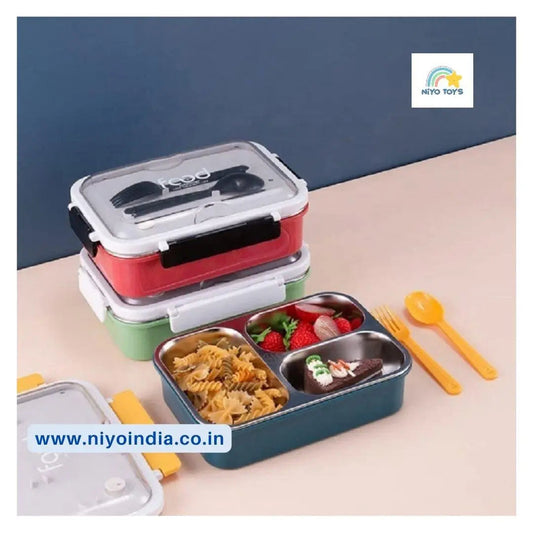 NIYO TOYS leakproof stainless steel lunch box with colorful compartments and utensils for easy meal storage