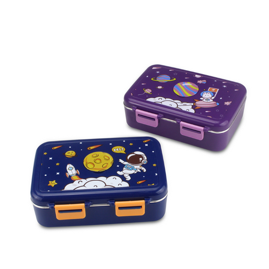 NIYO TOYS space theme lunch box for kids featuring colorful planets and astronaut designs