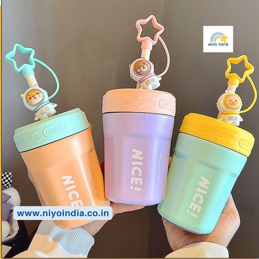 Colorful stainless steel mug for kids featuring fun astronaut designs and easy-to-use straws