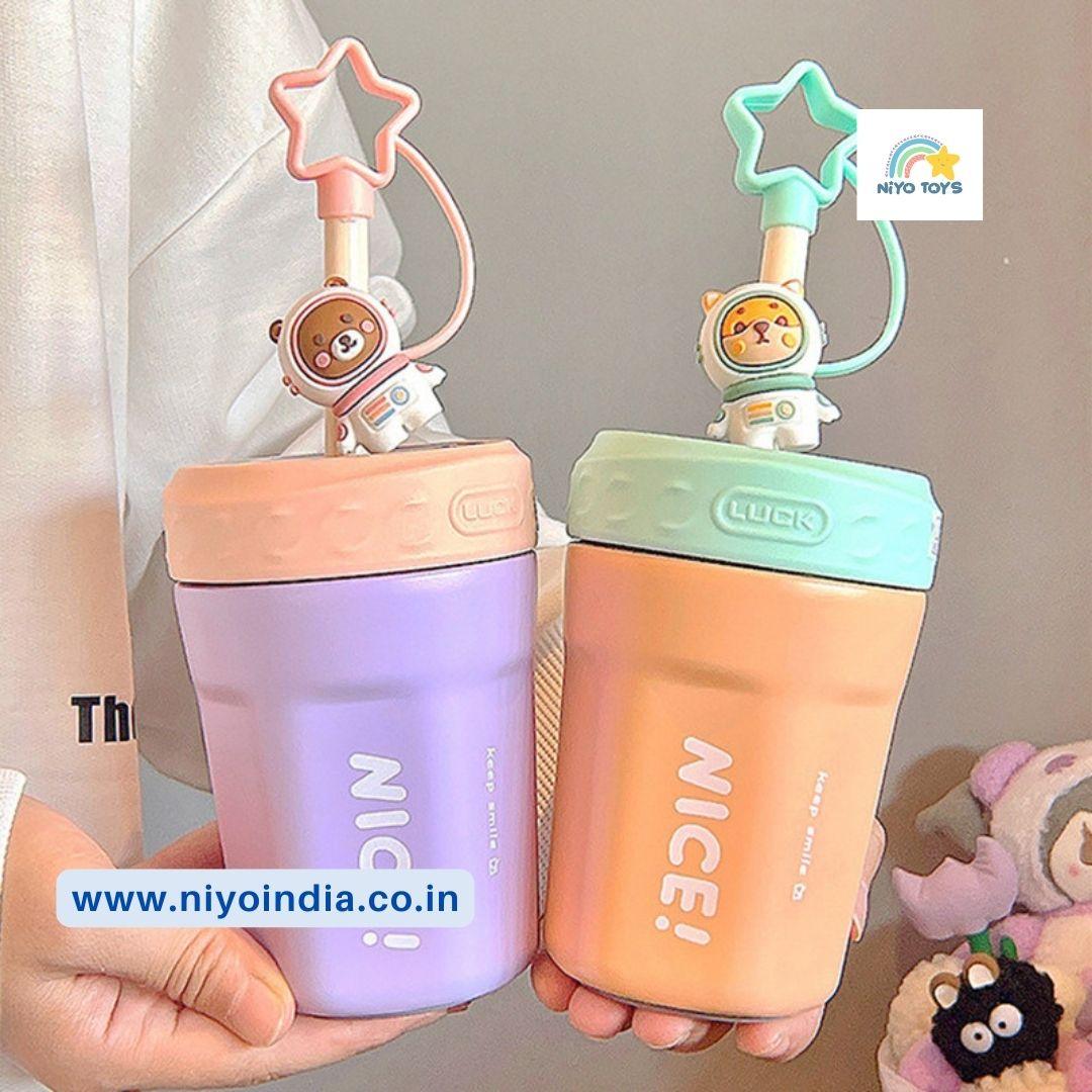 Colorful NIYO TOYS stainless steel mug for kids with fun character lids and playful design