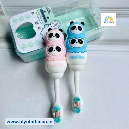 Cute 3D panda toothbrush for toddlers in pink and blue with soft bristles and a storage case