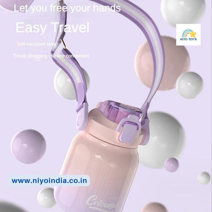 NIYO TOYS 620ml double drink bottle with self-equipped strap in pastel pink and purple for easy travel