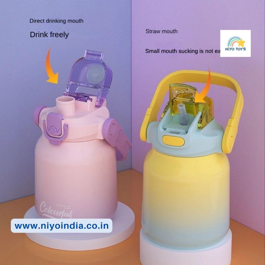 NIYO TOYS 620ml double drink bottle in pink and yellow with direct drinking mouth and straw mouth options