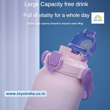 NIYO TOYS 620ml double drink bottle in pink with purple flip-top cap and secure latch