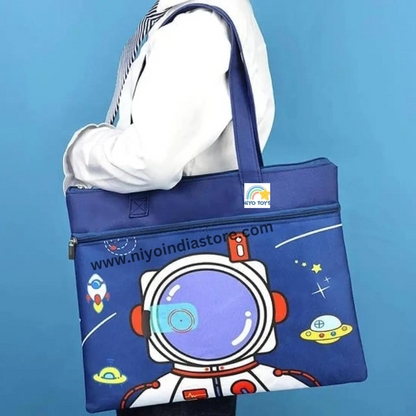 Blue tote bag featuring astronaut design, perfect for children age 5+ for daily use or school