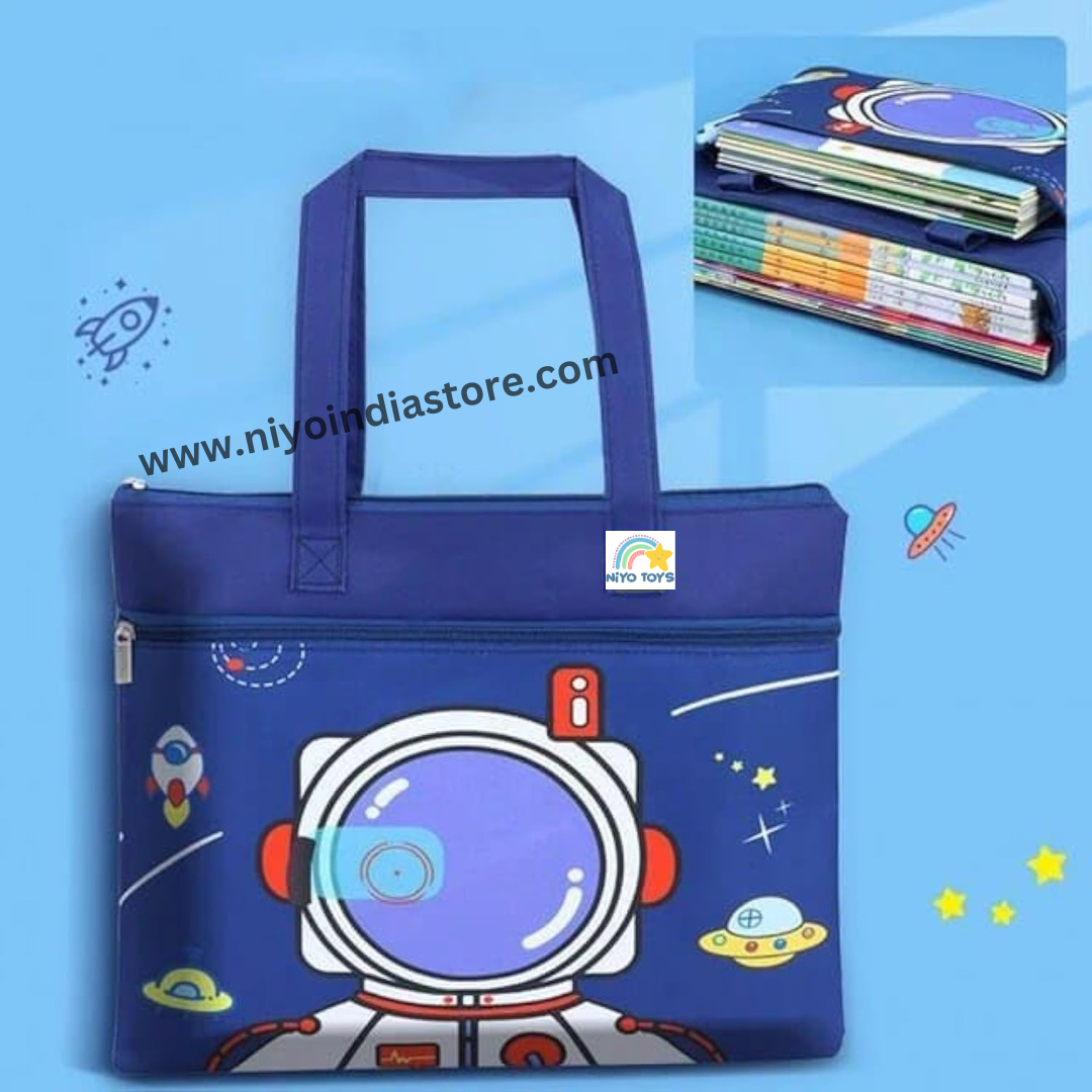 Blue space-themed tote bag with astronaut design, perfect for school and ages 3+