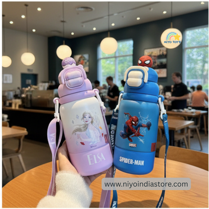 Purple Elsa and Blue Spider-Man sipper bottles for kids, ideal for ages 3 and up, perfect for hydration on the go.