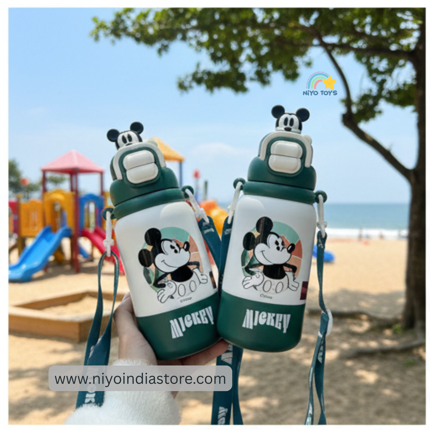 Green Mickey Mouse water bottle for kids, perfect for ages 3+, ideal for outdoor play and hydration