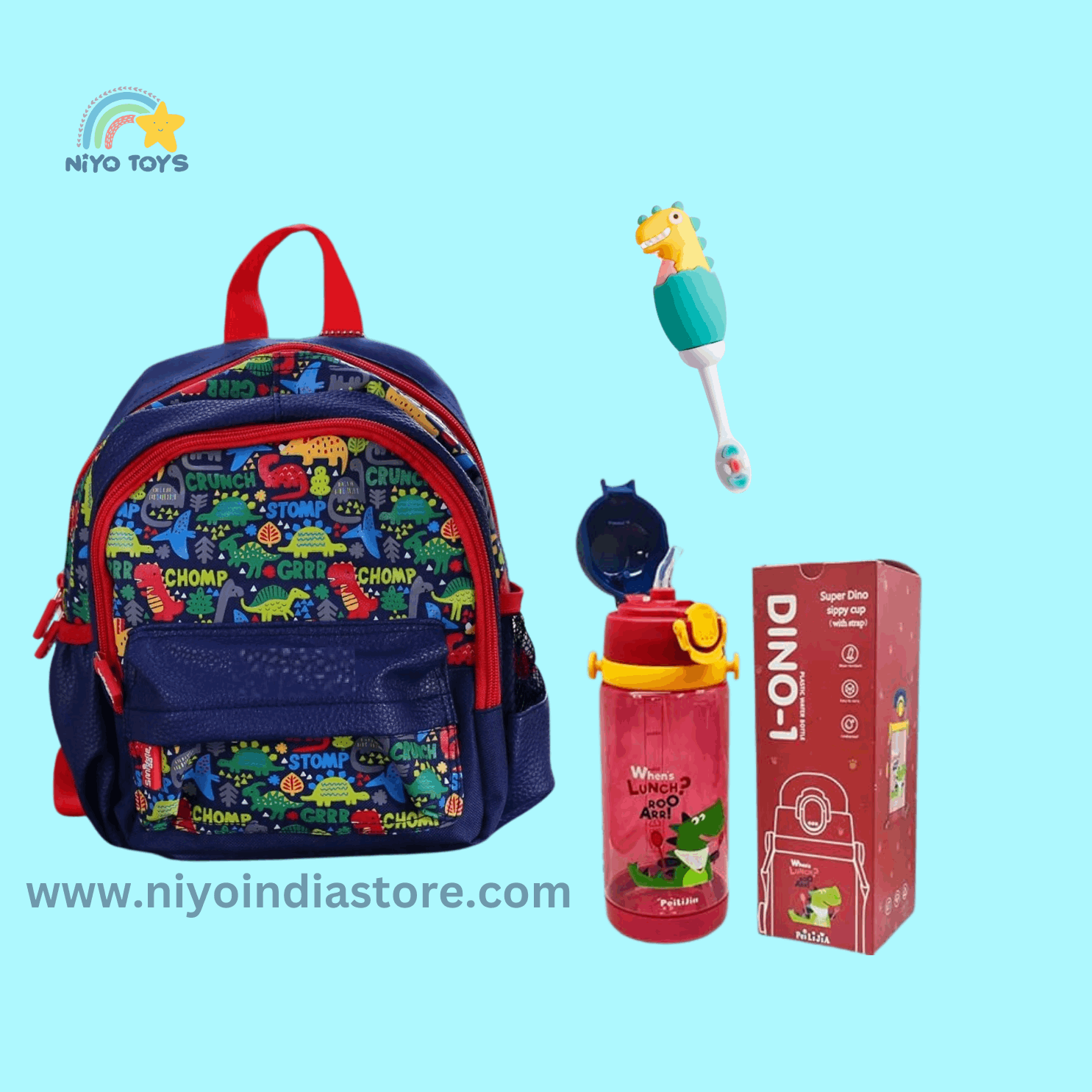 Colorful NIYO TOYS dinosaur toys backpack with water bottle and mini dinosaur brush for kids, age 3+