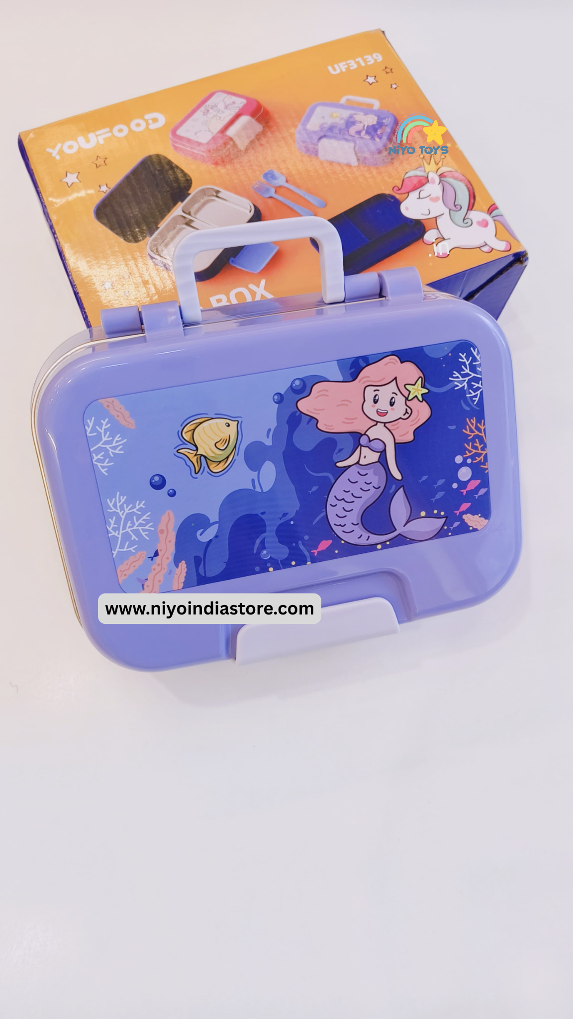 NIYO TOYS double-layer lunch box for school featuring a colorful mermaid design and fish illustrations