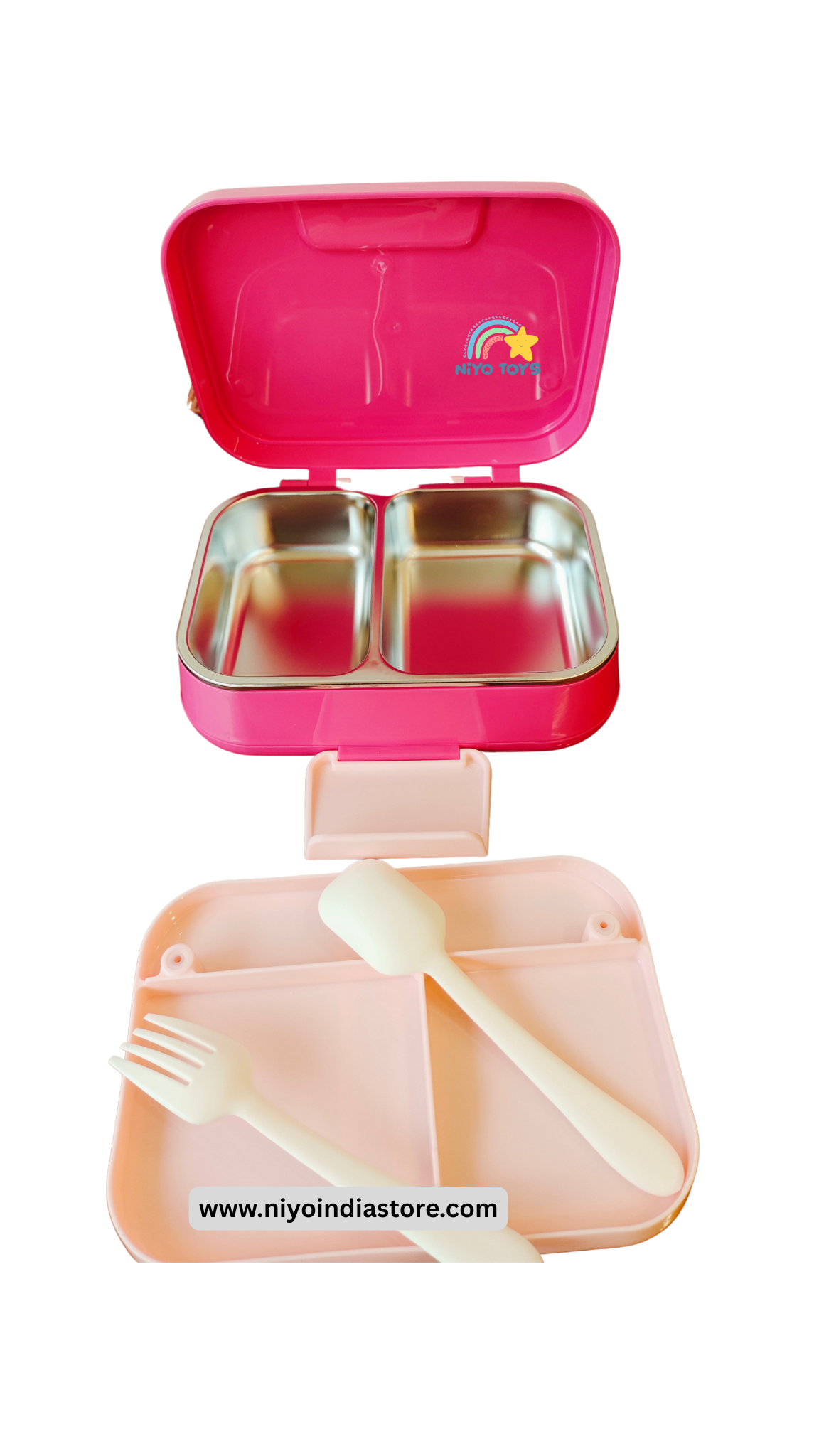 NIYO TOYS double-layer lunch box for school with stainless steel compartments and utensils included
