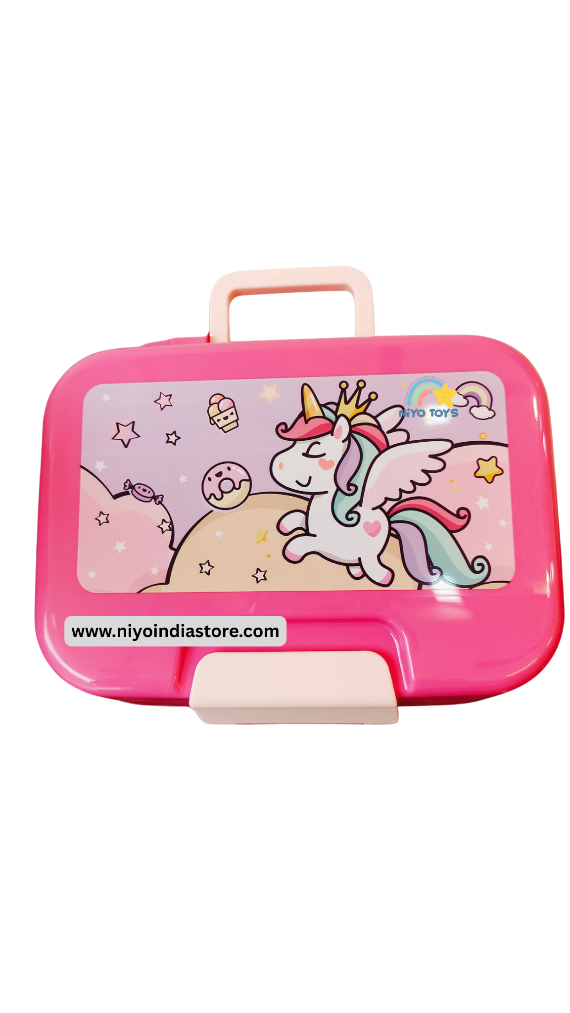 NIYO TOYS double-layer lunch box for school featuring a colorful unicorn design with a secure handle