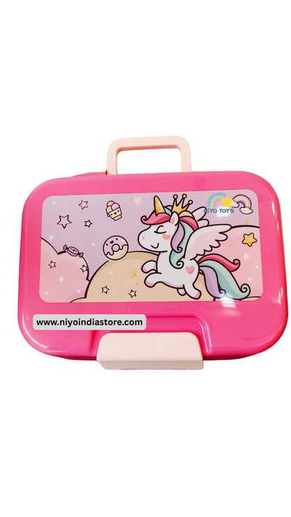 NIYO TOYS double-layer lunch box for school featuring a colorful unicorn design with a secure handle
