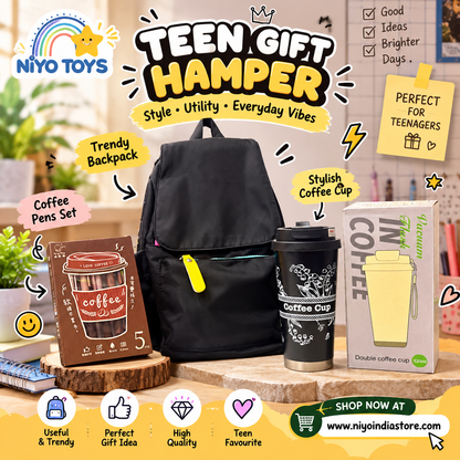 NIYO TOYS Teen Gift Hamper with trendy backpack, coffee cups, and coffee pen set, perfect gift hamper idea for teenagers
