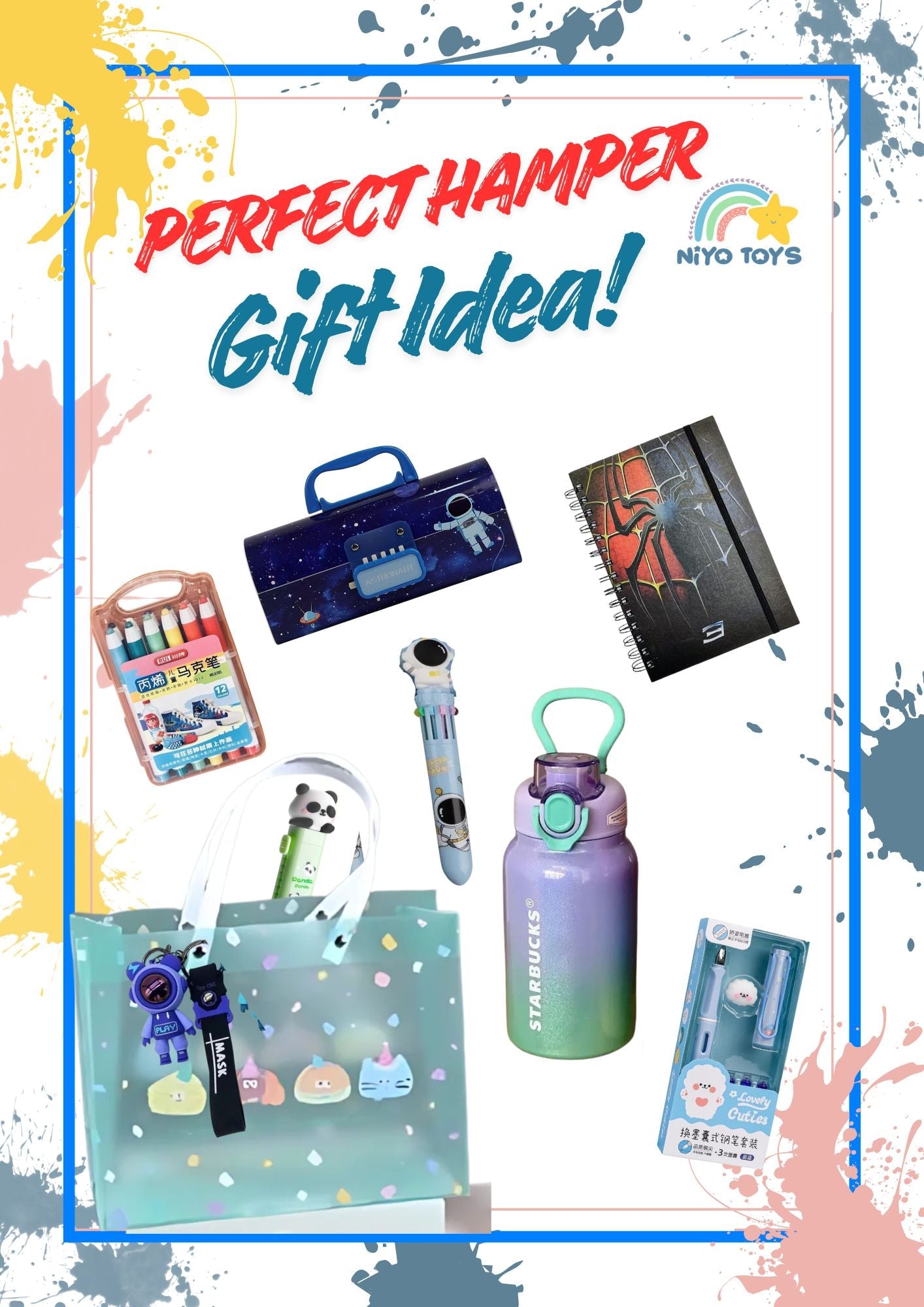 Colorful NIYO TOYS hamper with school supplies and accessories, a great gift idea for white elephant.