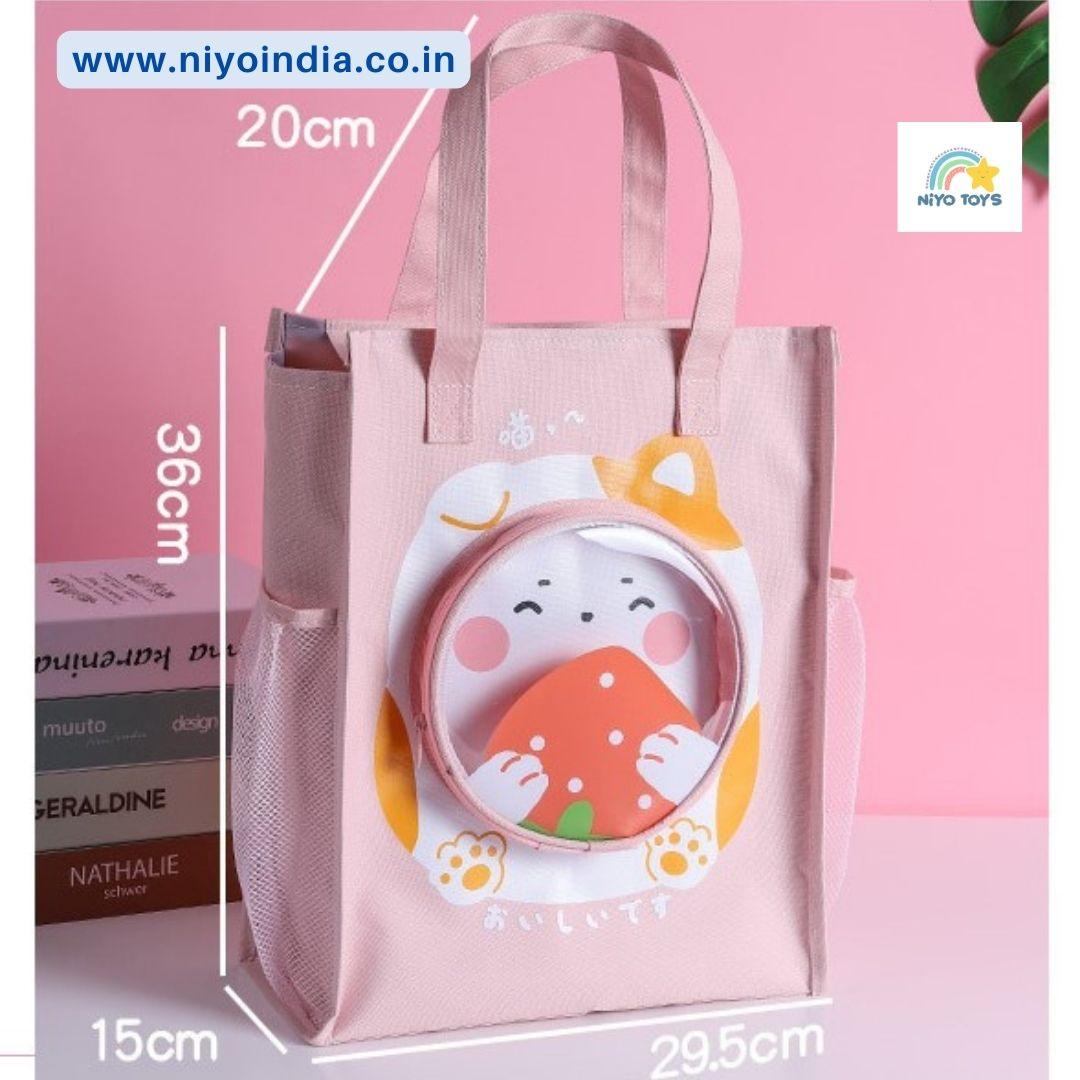 NIYO TOYS Pink School Bag with Cute Cartoon Design and Transparent Pocket for Kids