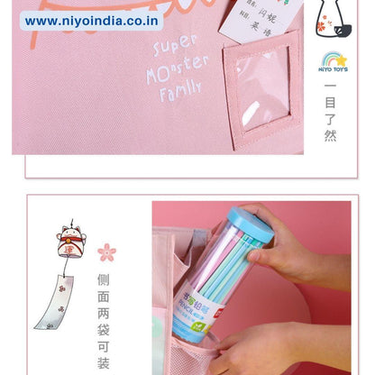 NIYO TOYS Super Monster Family School Bag with Clear Front Pocket and Colorful Pencil Holder