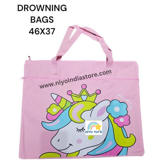Pink tote bag featuring a unicorn design, perfect for kids age 3+, ideal for storage and playtime