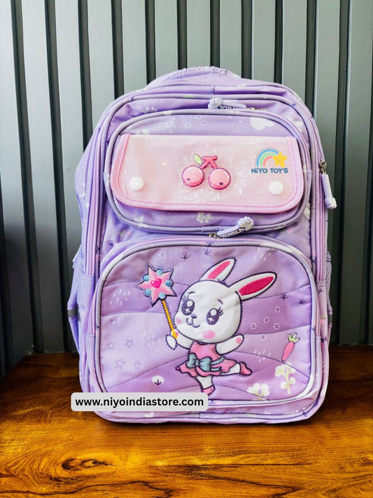 NIYO TOYS premium girls school backpack in purple with cute bunny design and multiple compartments