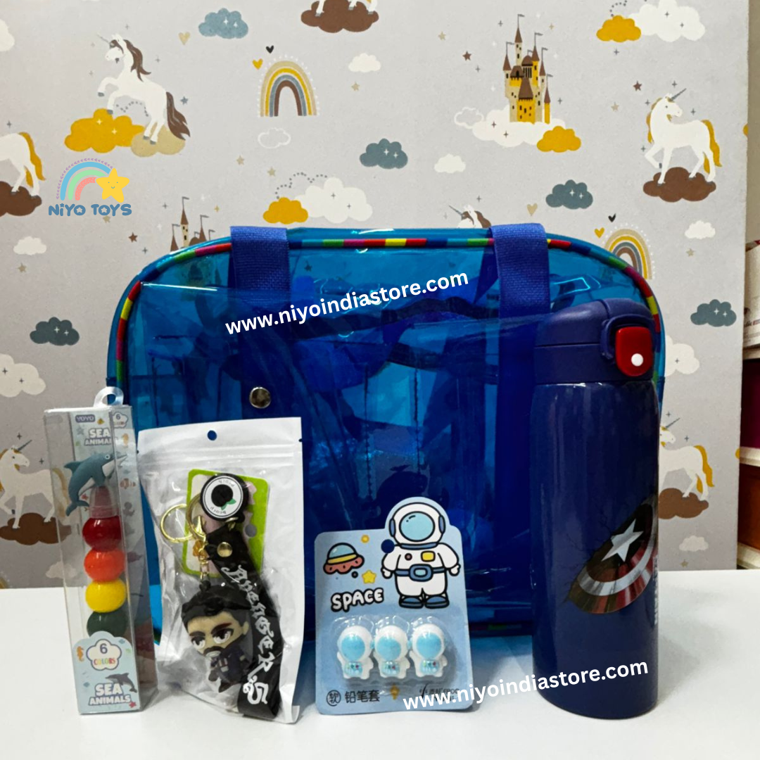 NIYO TOYS rakhi hamper in blue, includes water bottle, toys, and gifts for age 3+ and celebrations